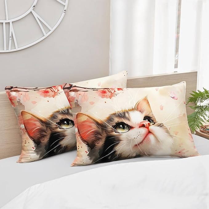 AILONEN Kawaii Cat Comforter Set Full Size,Kids Girls Kitten Cat Bedding Printed Pink Flower Watercolor Lovely Animal Cat Comforter with 2 Pillowcases,3 Pieces