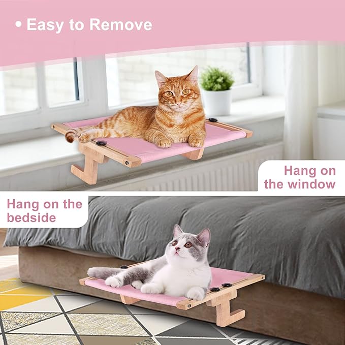 Petmolico Cat Window Perch, Wood Cat Ledge for Window Sill Cat Window Hammock for Indoor Cats up to 40 lbs, Pink