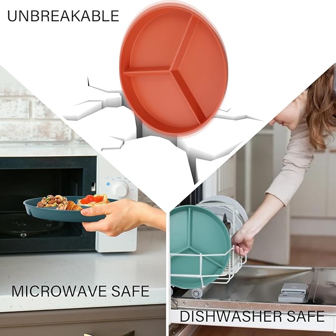 9.5 Inch Divided Plates Portion Control Plates 8 Pcs, Wheat Straw Dinner Plates, Microwave & Dishwasher Safe Bariatric Plate for Portion Control (Multicolor)