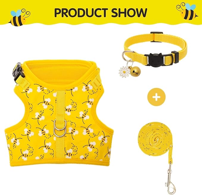 Cat Harness with Leash and Collar for Walking - Escape Proof with 59 Inches Leash - Adjustable Soft Vest Harnesses for Medium Large Cats Bee