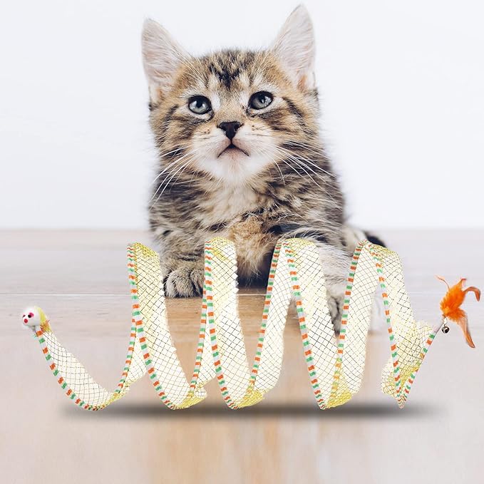 2pcs, Folded Cat Tunnel Spring, 10in Large Size Portable Cat Toy Spiral Tunnel, with Synthetic Feather and Toy Mouse Tunnel Spring Outdoor Puppy Kitten Generic (Striped Yellow, Purple)