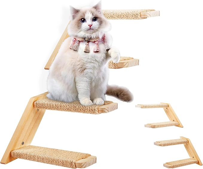 Cat Climbing Stair Shelf Wall Mounted Reversible Left & Right Direction, Cat Stairway Shelf for Climbing with Sisal Rope Ladder Cat Wall Furniture