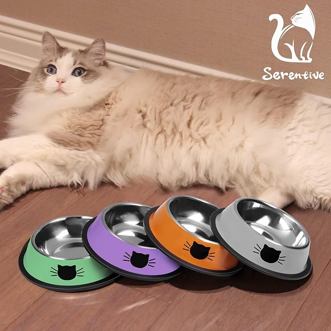 3 Pcs Non-Slip Stainless Steel Small Cat Food Bowls - Unbreakable, Thicken, 7 Oz, Suitable for Indoor Small Pets - Removable Rubber Base, Easily Clean, Lovely Color