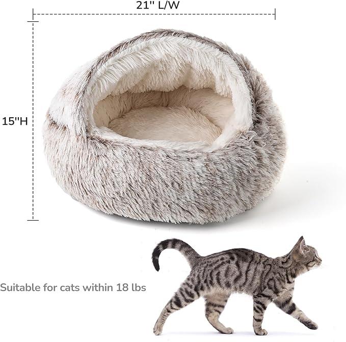 CATISM Cat Bed, Plush Hooded Cat Beds for Indoor Cats, Calming Cat Nest, Self Warming Cat Bed Cave, Cozy Cat Pod for Indoor Cat or Small Dog, Removable Washable Cat Cove with Non-Slip Bottom