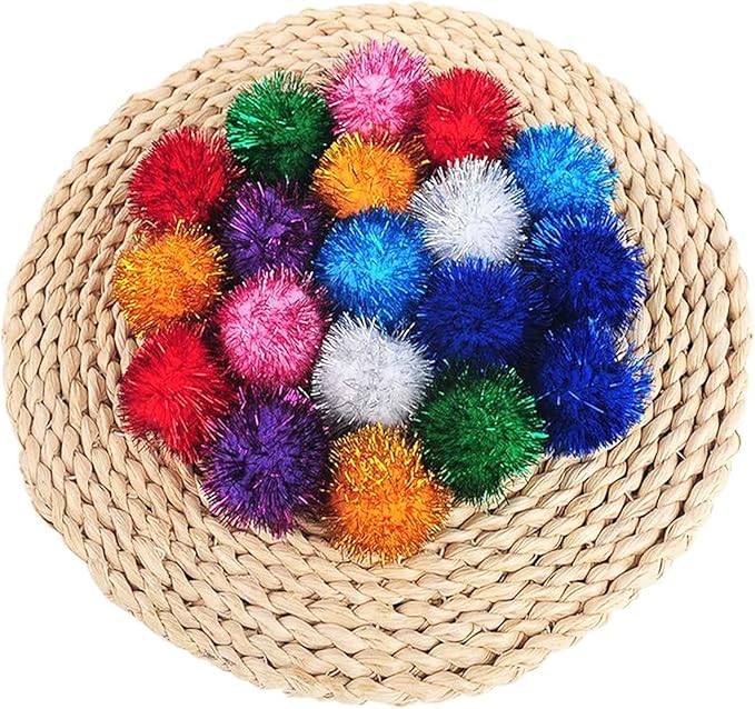 1.8 Inch Assorted Color Flash Ball Cat's Favorite Toy Ball Tinsel Pom Poms Flash for Kittens Exercise and Multiple Cats Play and Chase, 100Pcs