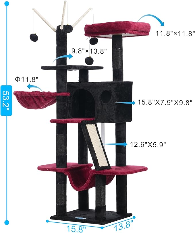Hey-brother Gothic Cat Tree, 53 inch Cat Tower for Indoor Cats, Cat House with Padded Platform Bed, Toy Balls, Large Cozy Condo, Hammocks and Sisal Scratching Posts, Black and Red MPJ019SBR
