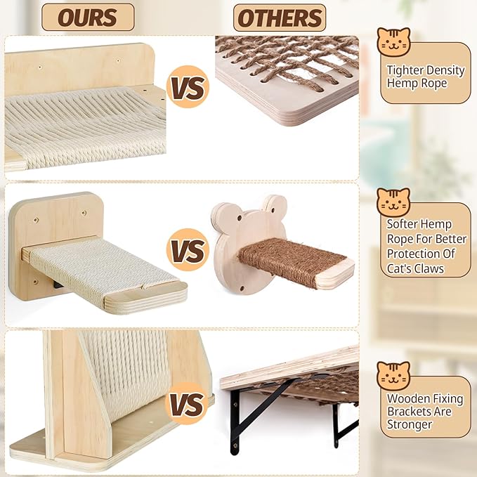 Cat Hammock Cat Wall Shelves with 3 Cat Wall Steps, Wall Mounted Cat Shelves and Perches with Hemp Rope Scratching, Cat Wall Furniture Climbing Shelves for Indoor Cats Set