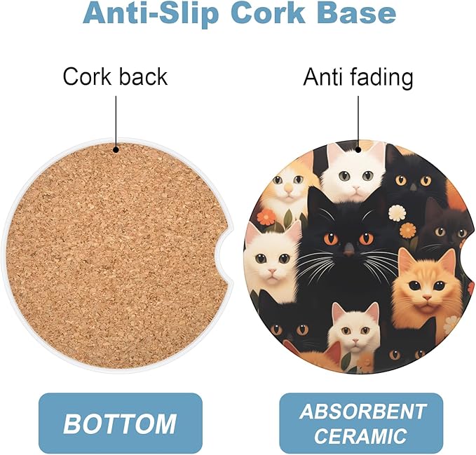 2 Pack Car Cup Holder Coaster, 2.63 inch Anti Slip Insert Absorbent Ceramic Car Coaster with Cork Base and Finger Notch, Cute Car Accessories Interior for Women, Cute Car Coasters., Cats