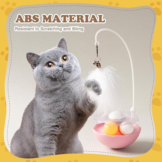 3-in-1 Tumbler Catnip Toy Interactive Cat Toys Cat Teaser with Feather and Bell, Track Balls Kitten Toys for Indoor Cats 9.8'' High (Pink)