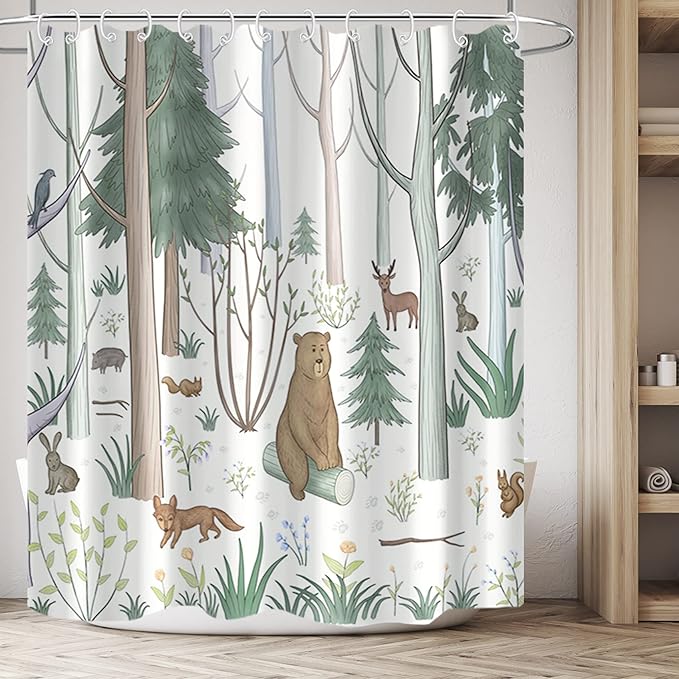 AWERT Cute Shower Curtain with Hooks Green Forest Shower Curtain with Wild Animals Bear Moose Deer Fox Deor Bathroom 72x78 inch