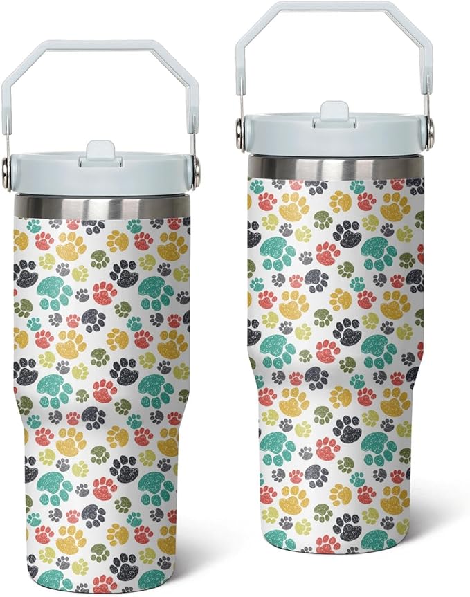 30 Oz Paw Print Tumbler with Handle and Straw, Insulated Paw Print Coffee Mug, Double Wall Stainless Steel Cat Paw Cup, Cat Mom Mug or Cat Dad Mug, 30 Oz Leak Proof Cat Paw Mug for Women Gifts