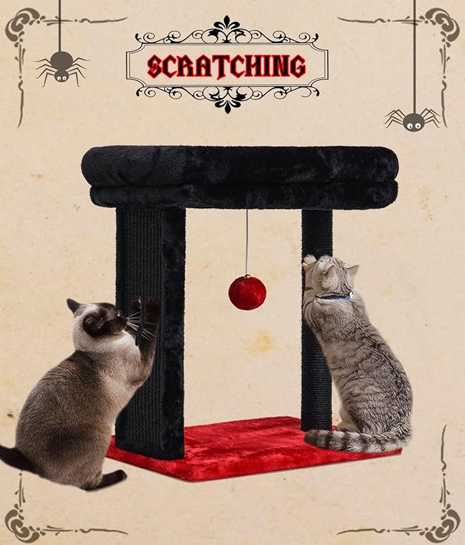SYANDLVY Samll Gothic Cat Tree with Scratching Board, Scratching Post with Perch for Indoor Cats, Cat Scratcher with 2 Dangling Balls, Great for Kittens
