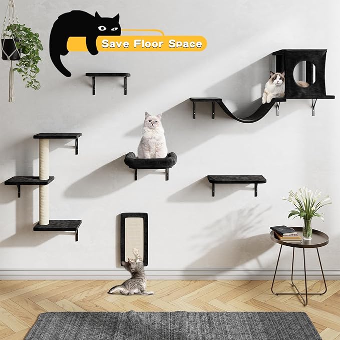 Wall Mounted Cat Furniture, 6pc Cat Wall Furniture, Cat Climber with Cat House, Bridge, Tree, Steps, and Scratcher, DIY Cat Walls Playground, Cat Shelves for Indoor Wall Furniture Set - Black