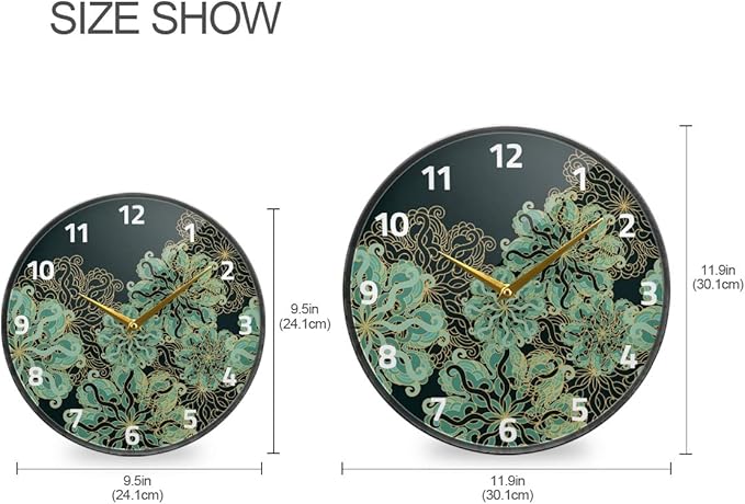 ALAZA Art Nouveau Flower Malachite Green Wall Clock Battery Operated Silent Non Ticking Clocks for Living Room Decor 12 Inch / 9.5 Inch