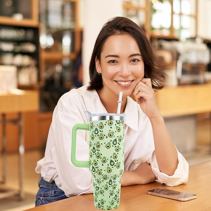 Avocado Tumbler 40 oz Tumbler with Handle and Straw Lid Leak Proof - Birthday Gifts for Women Travel Coffee Mug Insulated for Hot Cold Ice - Avocado Gifts for Women Mom Mothers Day