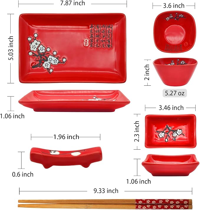 8 pcs Japanese Sushi Plate Sets Serving Platters and Trays for Entertaining Sushi Dishes Set Plates Sushi Plates Traditional Cuisine Dinnerware Sets with Chopsticks Red Plum
