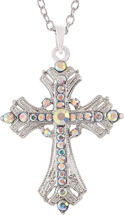 Alilang Silvery Tone Religious Cross Pendant Necklace w/Aquamarine Blue Or Clear Crystal Rhinestones