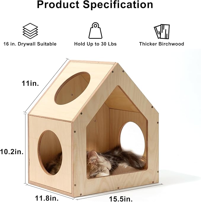 FUKUMARU Cat Bed Wall Mounted, Wooden Cat Furniture, Cat's House, Cats Perch, Cat Tree, Cat Shelves (Birch Plywood)