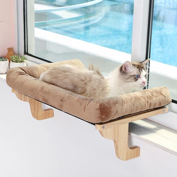 Cat Perch for Window Sill with Bolster - Orthopedic Hammock Design with Premium Hardwood & Robust Metal Frame - Cat Window Seat for Large Cats and Kittens - Nartural Color Wood with Brown Bed