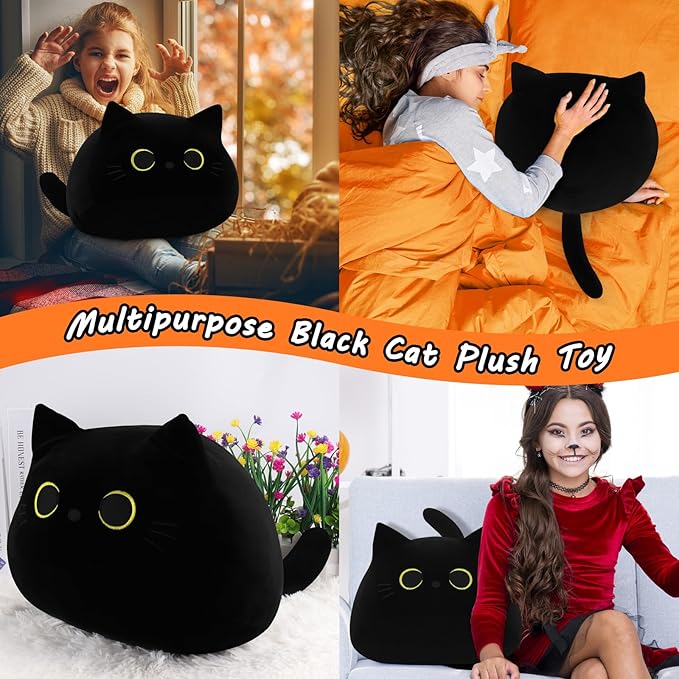 Auspicious Beginning Giant Black Cat Plush Toy - 19'' Stuffed Animal, Kawaii Plushie Cat Pillow, Halloween Decor Plush Gift for Kids