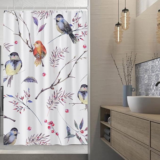 AWERT Cheery Birds on Tree Branch Shower Curtain for Bathroom Bird Shower Curtain with Hooks Colorful Waterproof Fabric Bathroom Accessories Bathtub Decor 72x84inch