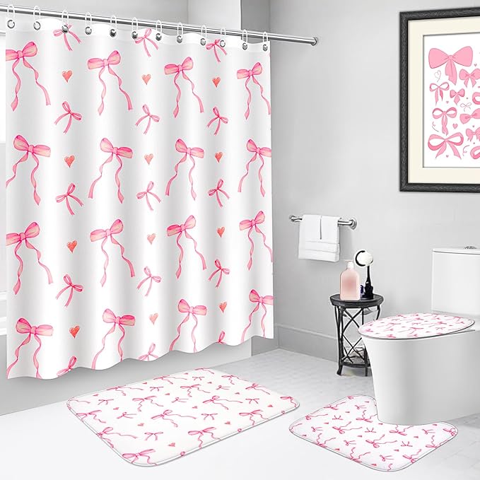 4Pcs Pink Bow Shower Curtains Set, Waterproof, 71”×71“ Washable Bathroom Decor with Non Slip Rugs, Toilet Lid Cover and Bath Mat, Cute Shower Curtain Suitable for Girly and Girls with 12 Hooks