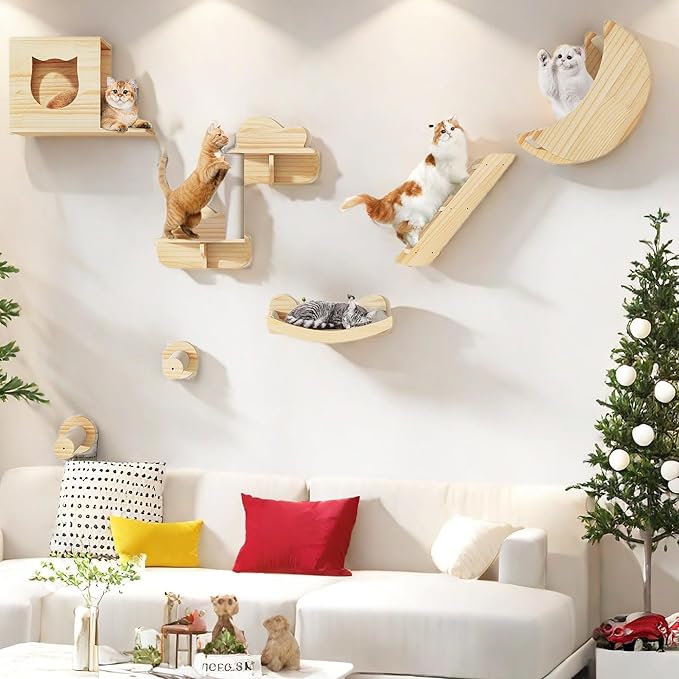 YITAHOME Solid Wood Cat Wall Shelves and Perches for Wall, Pine Wall Mounted Cat Tree Set of 9, Cat Climbing Shelves with Moon Cat House, Cat Bridge Ladder Indoor Mounted Condos House