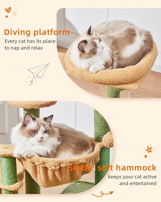 Taoqimiao Cat Tree, 39.4-Inch Cat Tower for Indoor Cats,Suitable for Kittens,Plush Cat Condo with 5 Scratching Posts, Plush Perch,2 Hammock,Pompoms, MS019T Cactus