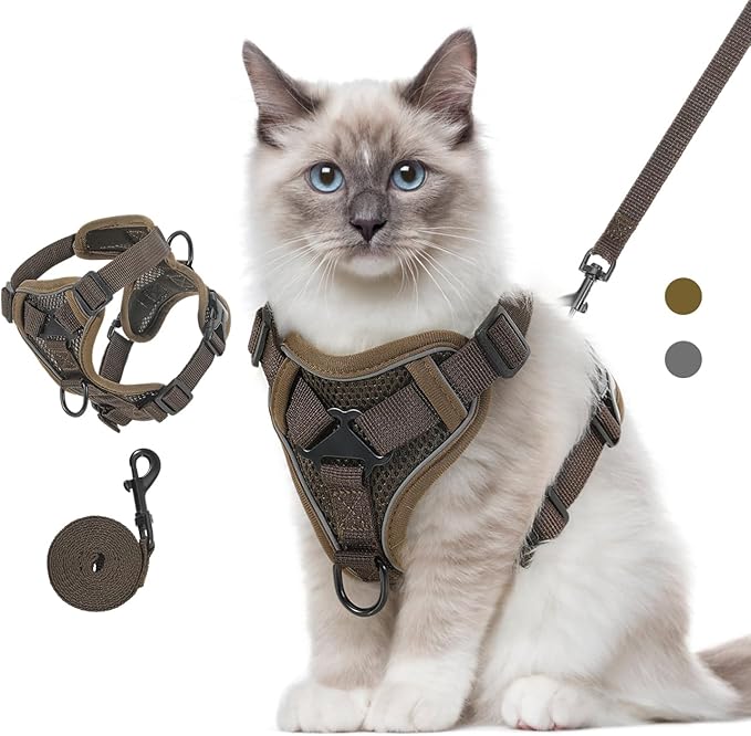 Cat Harness and Leash Set for Walking, Adjustable Kitten Vest Harness with Reflective Strip Breathable Mesh, Escape Proof Soft Pet Safety Vest for Cats, Kittens, Puppies, M Coffee