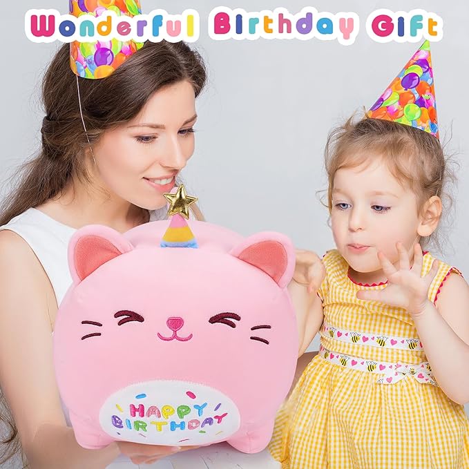 Auspicious beginning Pink Birthday Cat Plush Stuffed Animals-Gifts for Girlfriend, 16'' Pink Cat Plush, Kawaii Plushies Cat Body Pillow Cat Plushie, Kitten Plush Pillow Kids