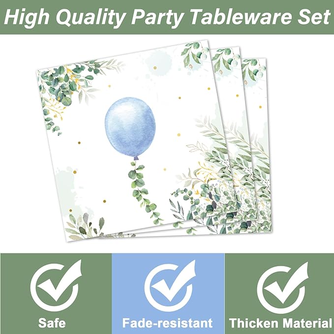 96 Pcs Oh Boy Watercolor Blue Balloon Party Supplies Greenery Boy Baby Shower Tableware Set Eucalyptus Party Favor Birthday Baby Shower Plates and Napkins Table Decorations for 24 Guests