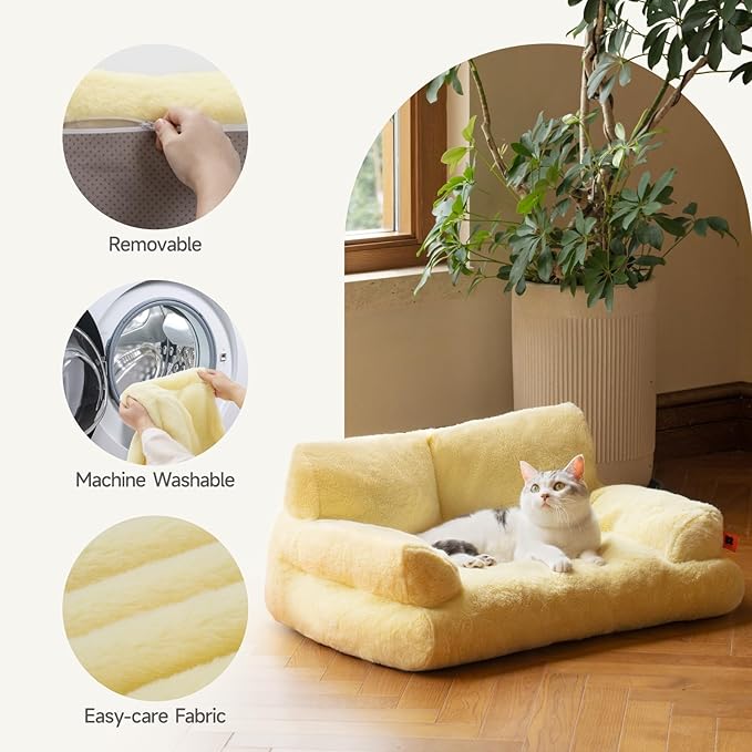 MEWOOFUN Pet Couch Bed, Washable Cat Beds for Medium Small Dogs & Cats up to 25 Lbs, Dog Beds with Non-Slip Bottom, Fluffy Cat Couch, 26×19×13 Inch (Yellow)