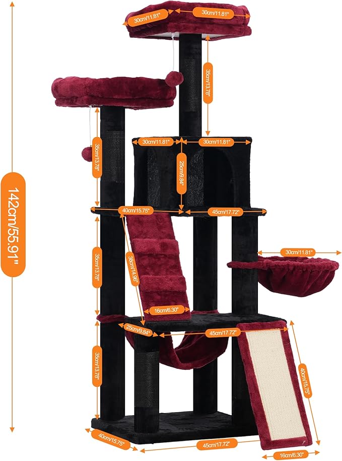 Heybly Gothic Cat Tree, Halloween Cat Tower for Indoor Cats,Multi-Level Cat Furniture Condo for Cats with Padded Plush Perch, Cozy Basket and Scratching Board,Black and Red HCT014BR
