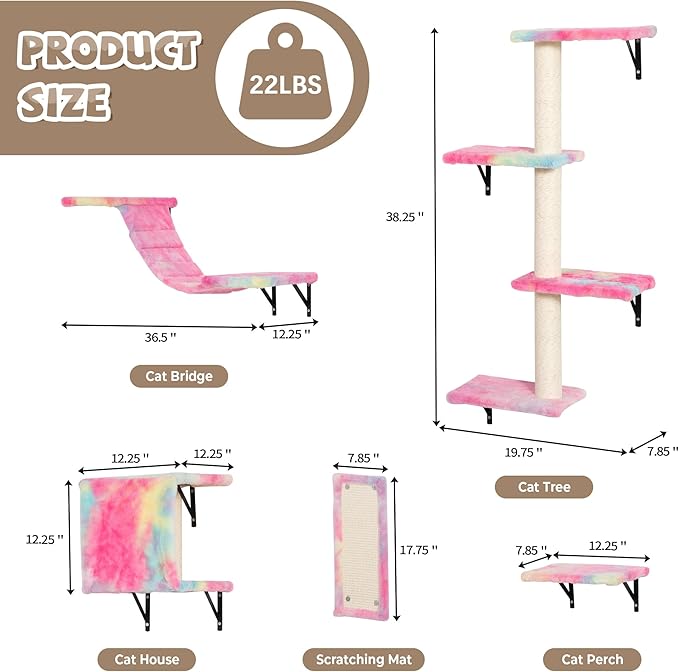 COZIWOW Cat Wall Shelves, Wall-Mounted Cat Climber Set of 5, Floating Cat Perches, Hanging Cat Beds, Modern Cat Furniture for Large Cats or Kitty (Colorful)