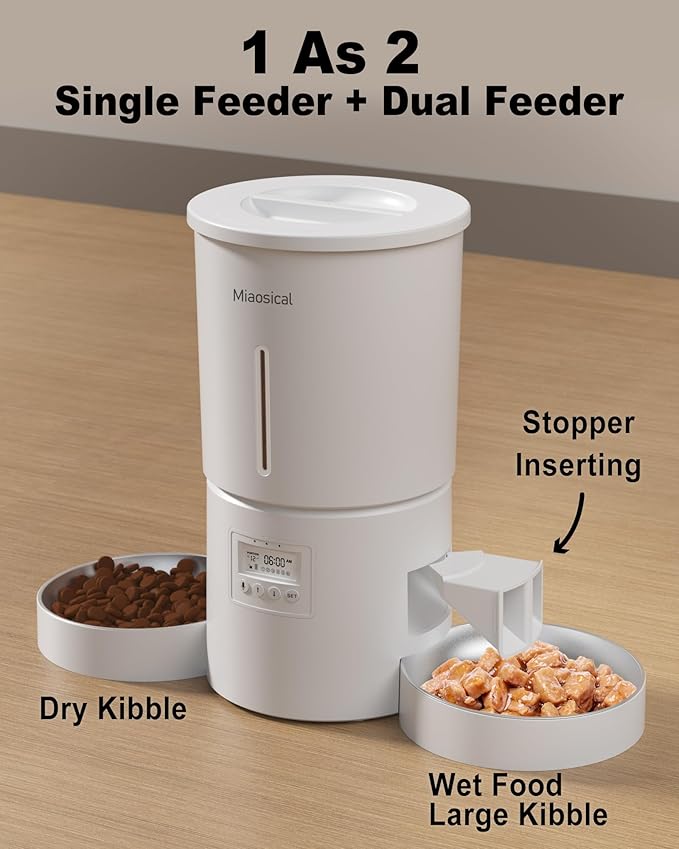 Automatic Cat Feeder for 2 Cats,4.2L Flexible Schedule,6 Meals/Day,1-12 Portions/Meal,Dual Power Auto Dual Pets Feeder Dry Food Dispenser,10S Voice Record(White,4.2L+Stainless Steel 2 Bowls)