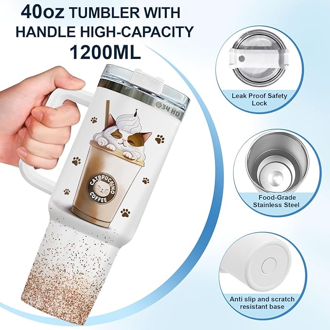 34HD Cat Lady Tumbler with Lid & Straw, 40oz Stainless Steel Vacuum Insulated Coffee Mug with Cats, Cute Kitty Gifts for Her Women, Cat Mom Gifts for Birthday Mothers Day Christmas