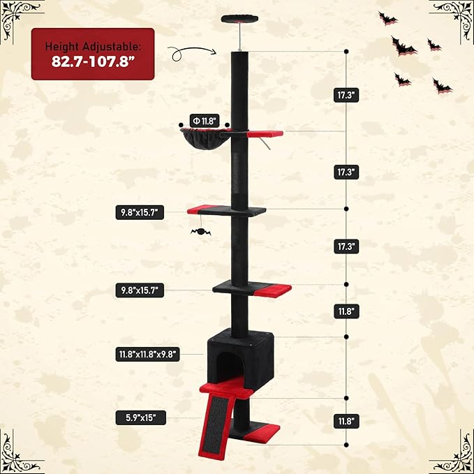 PETEPELA Floor to Ceiling Cat Tree, Gothic Cat Tower 5 Tiers Tall (83-108 Inches) Adjustable Height, Cat Climbing Tree Featuring with Cat Condo, Cat Scratching Post Cat Perches for Indoor Cats, Black