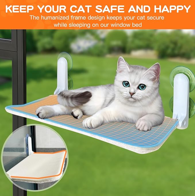 Cat Window Perch, Foldable Cat Window Bed with 4 Strong Suction Cups, Cordless Cat Hommack for Window Sill, Sturdy Metal Cat Window Seat Shelf for Indoor Cats with Reversible Cover(Beige)