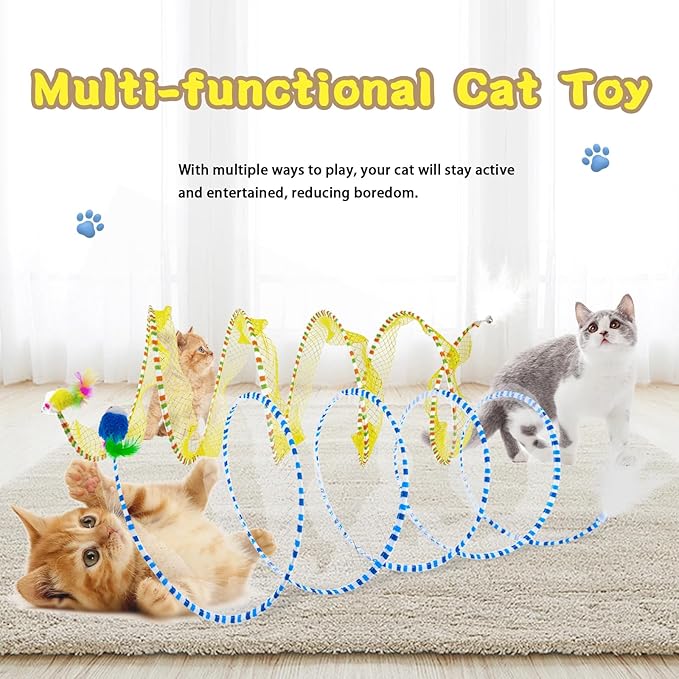 2 Pcs Cat Tunnels for Indoor Cats - S Type Foldable Cat Spiral Tunnel Toy, Decompression Interactive Self-Play Cat Hunting Spiral Tunnel Toy with Ribbon Bell Feather Balls Blue, Blue+Yellow