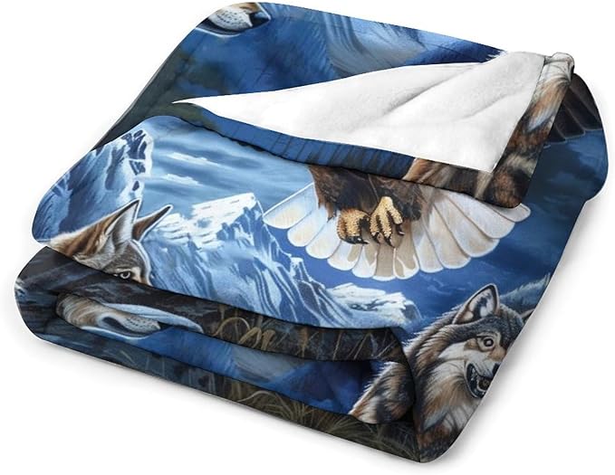 Bald Eagle Wolf Throw Blanket Wild Animal Mountain Moon Night Wolves Print Blankets Gifts Couch Sofa Bed Stuff Decor Soft Cozy Lightweight Fleece Plush Flannel Bedding for Lover Men Women 40"x50"