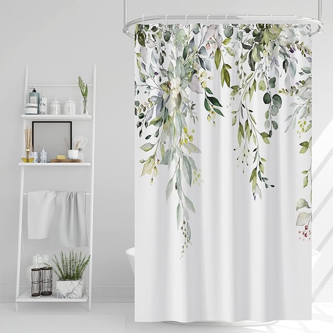 AWERT Small Stall Shower Curtain with Hooks Watercolor Plants Green Leaves 48x72 inch Half Size Shower Curtain for Bathroom/RV and Camper