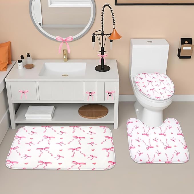 4Pcs Pink Bow Shower Curtains Set, Waterproof, 71”×71“ Washable Bathroom Decor with Non Slip Rugs, Toilet Lid Cover and Bath Mat, Cute Shower Curtain Suitable for Girly and Girls with 12 Hooks