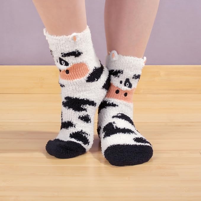 BambooMN Super Soft Cozy Warm Cute Animal Non-Slip Fuzzy Crew Winter Socks, 1 Pair Cow