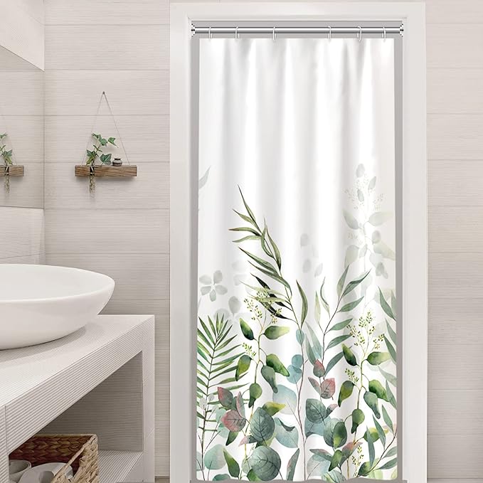 AWERT Stall Shower Curtain Plants for Bathroom,Waterproof Quick-Drying Green Leaves Stall Size Shower Curtain Set with Hooks 36x72 Inch
