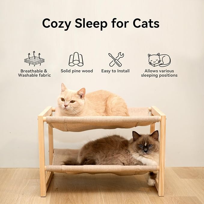 2 Tier Cat Hammock Bed, Elevated Wooden Pet Bunk Beds for Indoor Cats, Double Wooden Cat Bed, Solid Wood Raised Hanging Bed for 1 or 2 Cats Breathable Washable Covers