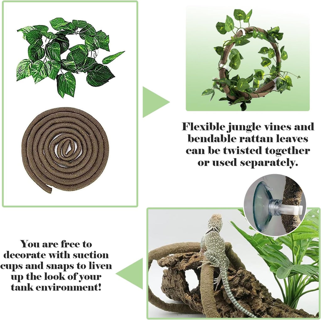 kathson Bearded Dragon Hammock,Lizard Lounger Reptile Tank Hanging Plants Climbing Jungle Vines Flexible Leaves Decorations for Lizards Chameleon Gecko Snakes(5 PCS)