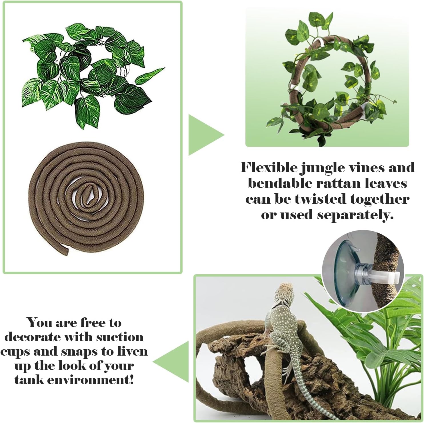 kathson Bearded Dragon Hammock,Lizard Lounger Reptile Tank Hanging Plants Climbing Jungle Vines Flexible Leaves Decorations for Lizards Chameleon Gecko Snakes(5 PCS)