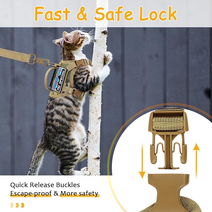 Tactical Cat Harness for Walking, Adjustable Escape Proof Pet Vest for Large Cat,Easy Control Breathable Cat Vest with Handle，Molle Patches (camo Khaki, L)