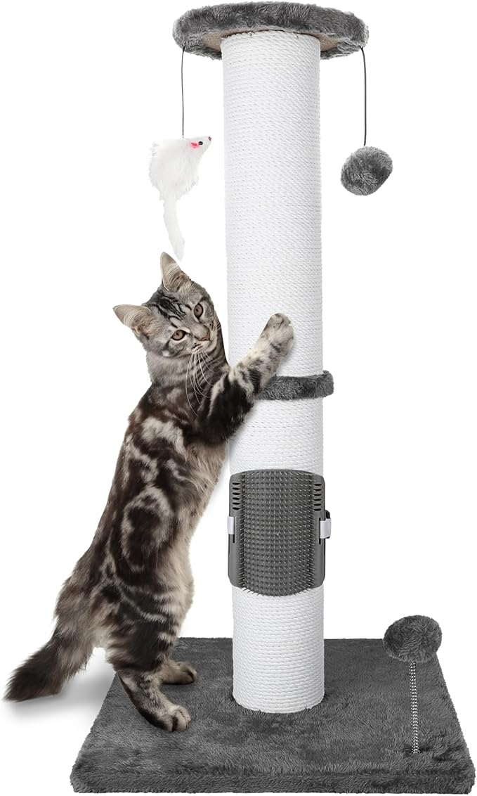 34 Inches Cat Scratching Post Heavy Duty and Thicker Cat Self Grooming with Hanging Toys and Sturdy Handmade Rope, Grey