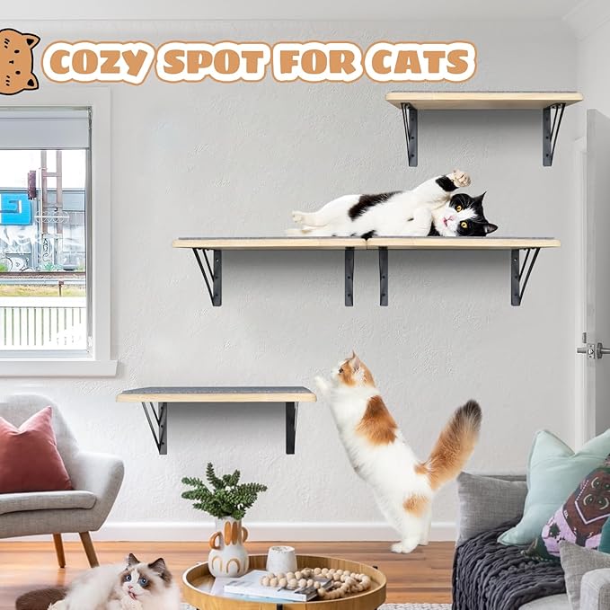 Cat Wall Shelves Set of 4, Wood Cat Shelves for Wall, Cat Wall Bed Hammock with Scratching Pad, Cat Climbing Shelf for Sleeping Playing, Cat Window Perch for Big Cats, Burlywood Cat Furniture Indoor